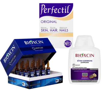 Bioxcin, Serum Quantum, 15 Ampoules, Traitement d'un mois + Shampooing à l'ail noir contre la chute des cheveux, 300ml + Vitamines Perfectil, 30 Comprimés
