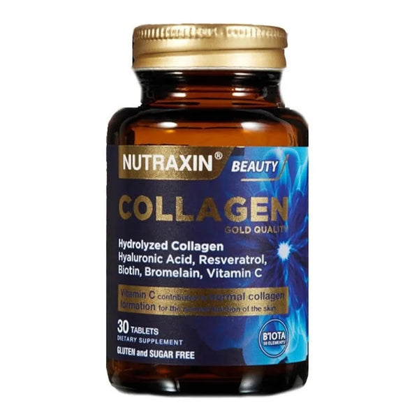 Nutraxin Gold Beauty, Collagen + Acide Hyaluronique + Biotin + Vitamine C + Bromélaïne + Resvératrol , 30 Tablets (sans gluten sans sucre)