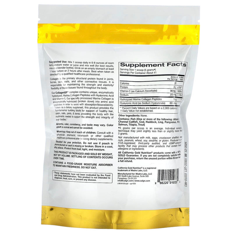 California Gold Nutrition, CollagenUP, collagène hydrolysé marin + acide hyaluronique + vitamine C, Sans saveur  (206 g)